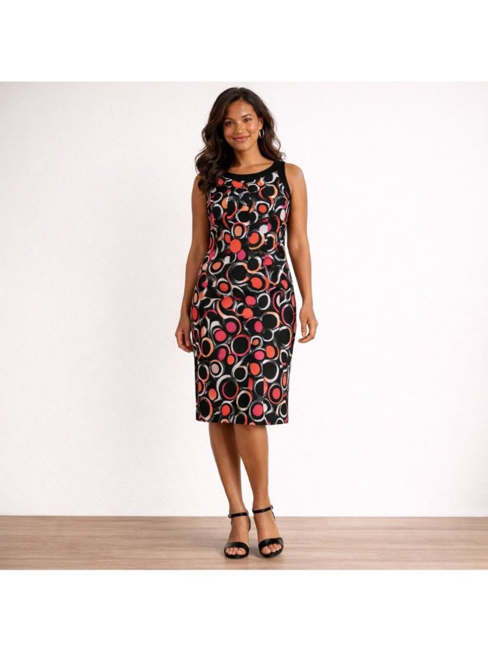 Sandra Darren Dress Womens 10 Pleated A Line Geometric Print Brown Pink Fitted